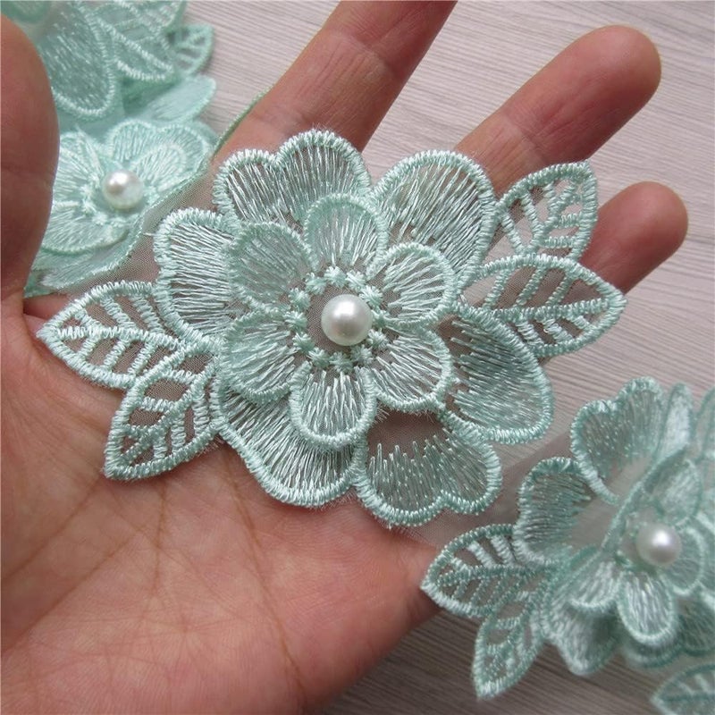 SHBBON 2 Yards 3D Flower Lace Trim Pearl Embroidered Polyester Lace Ribbon Fabric Applique Patchwork for Wedding Dress Handmade DIY Sewing Craft Supplies Decoration (Green) - Image 1
